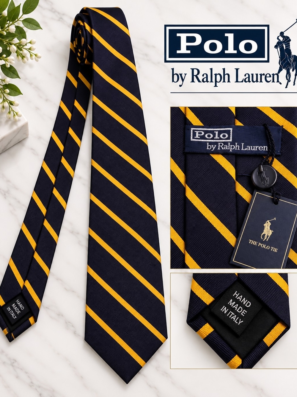 Polo by Ralph Lauren Navy & Yellow Striped Silk Tie